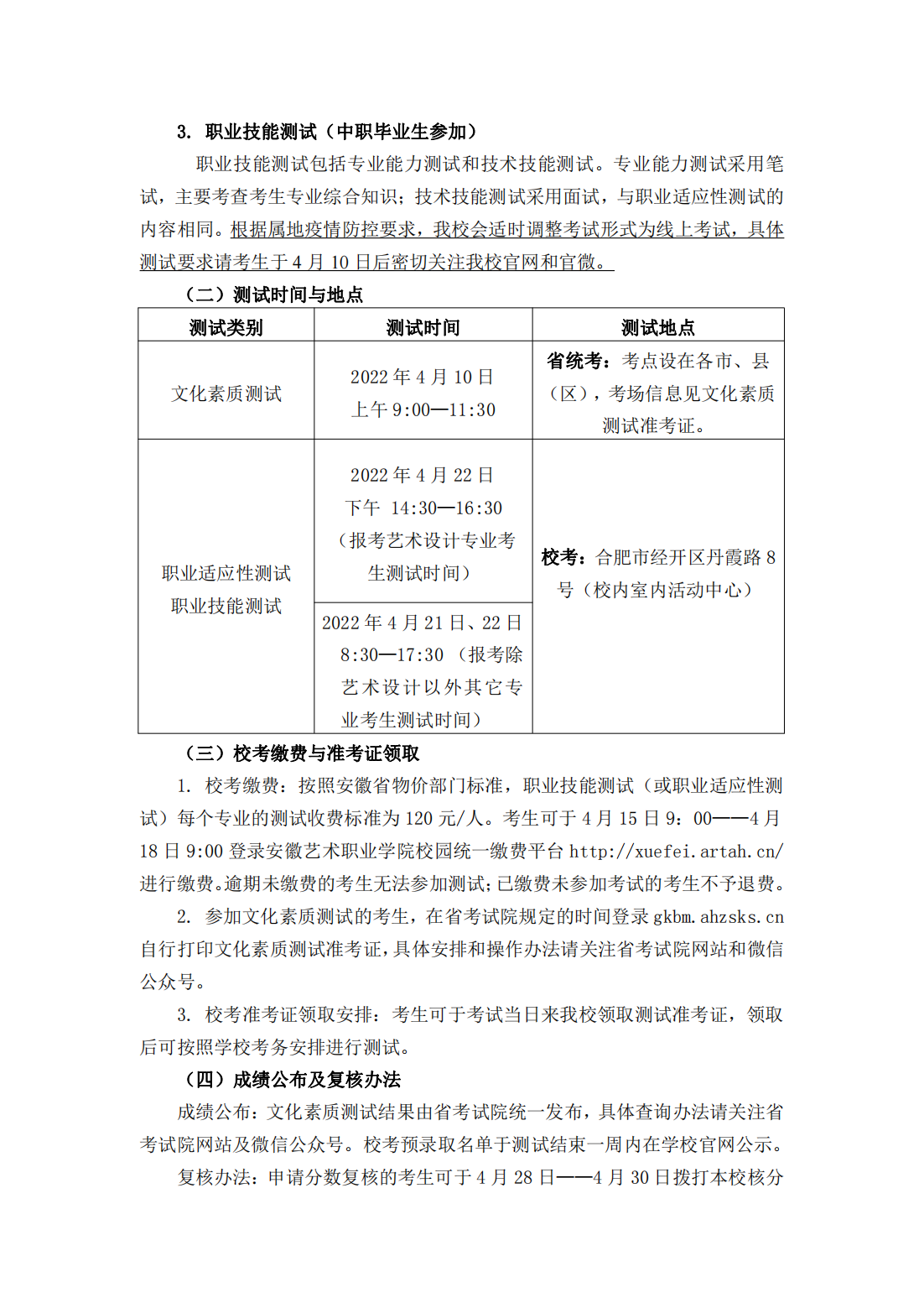 安徽艺术职业学院 2022 年分类考试招生章程